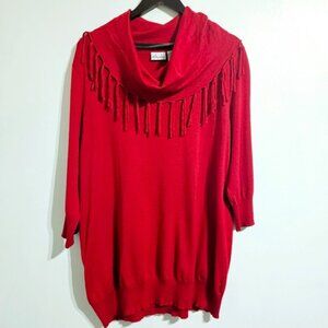 Kim Rogers Woman 3X Red Fringed Cowlneck Light Weight Knit Tunic Sweater